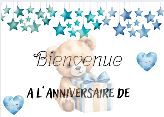 Affiche bienvenue a mon anniversaire  ourson  bleu
