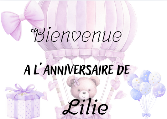Affiche bienvenue a mon anniversaire  ourson  violet
