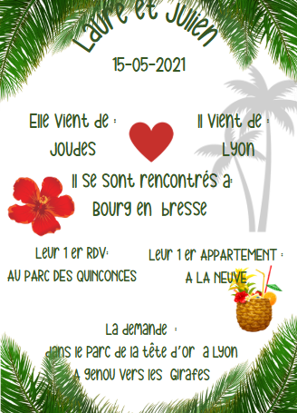 Affiche de bienvenue  mariage avec  infos  tropical