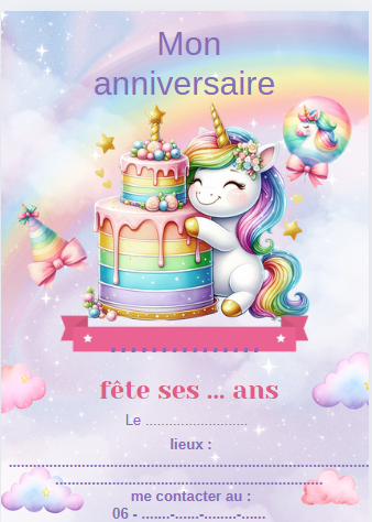 Invitation anniversaire licorne  numérique